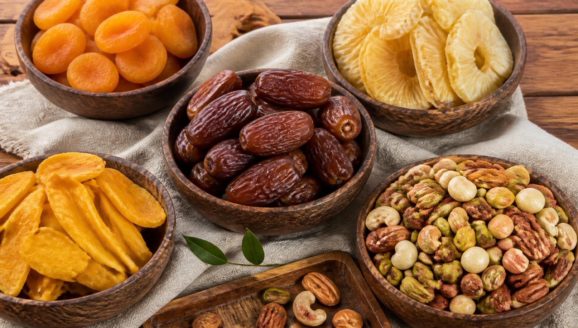 Dried fruits and nuts arranged in bowls
