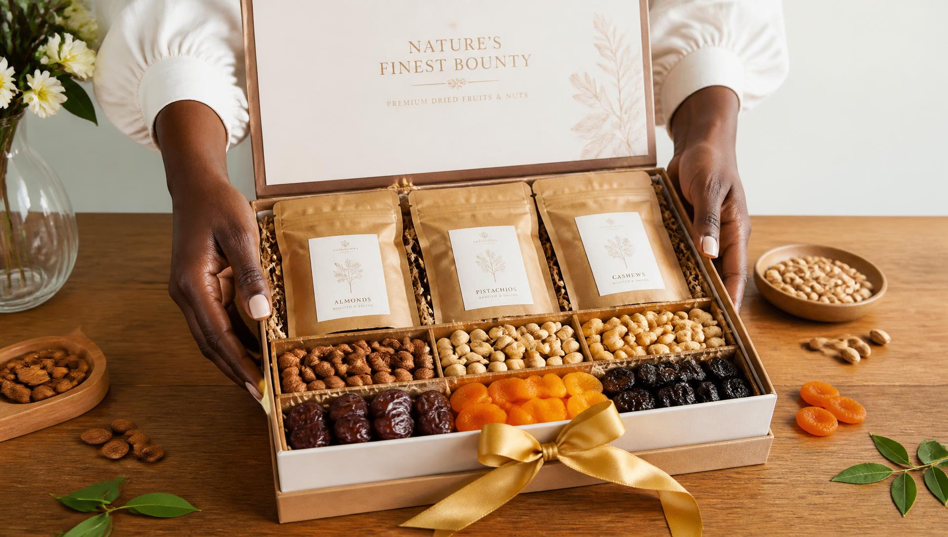 Gift box of assorted dried fruits and nuts finished with a gold ribbon
